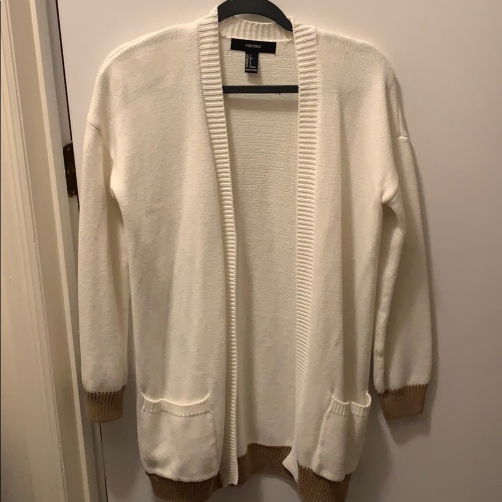 White/tan hip length cardigan